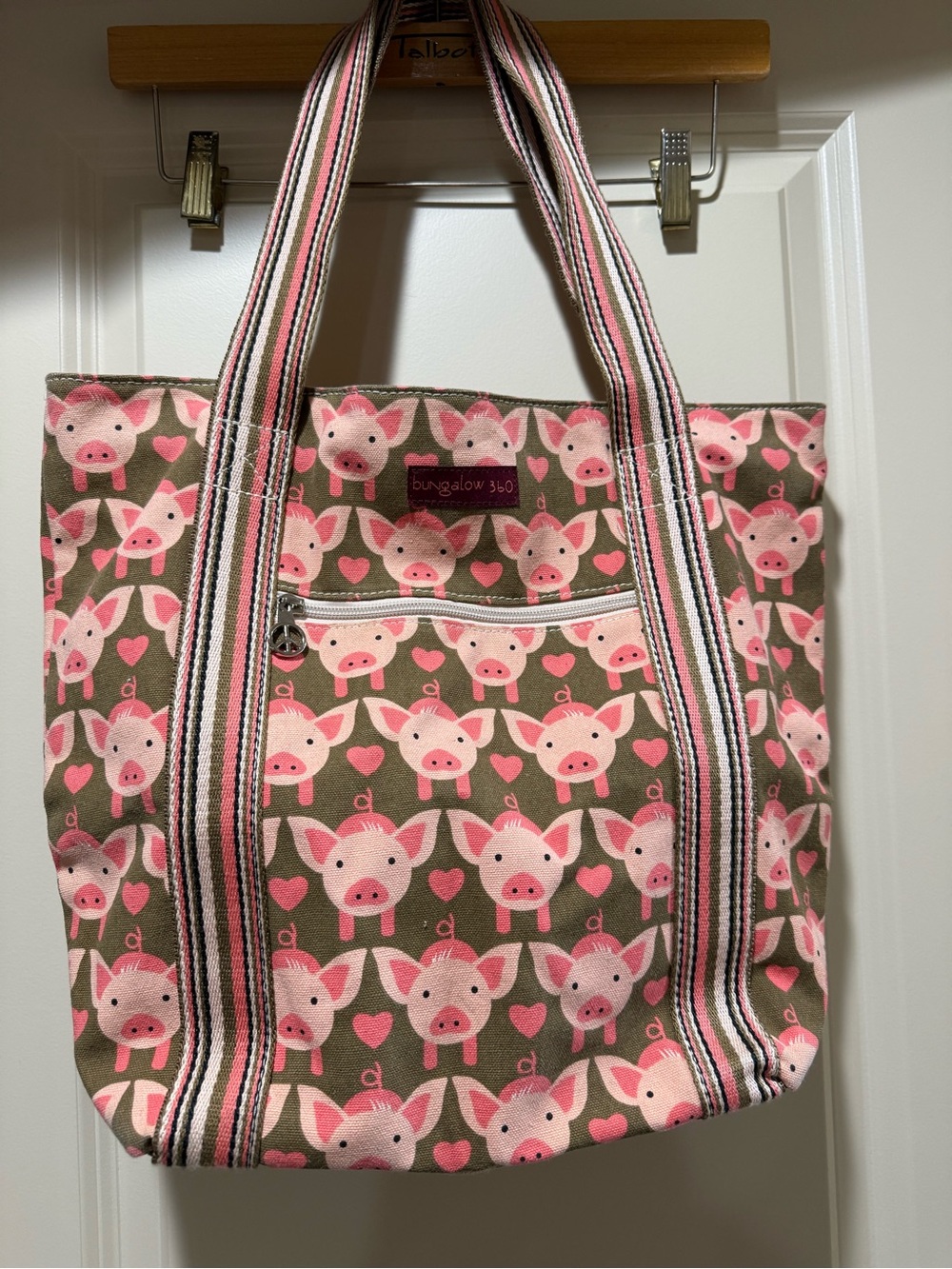 bungalow 360 Pink Pig Print Canvas Tote with Striped Handles